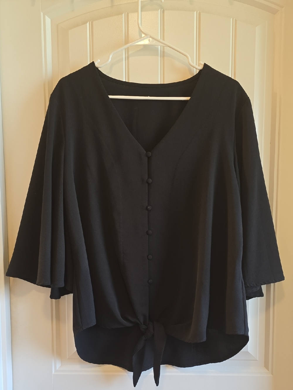Black Button-Front Tie Hem Women's Top